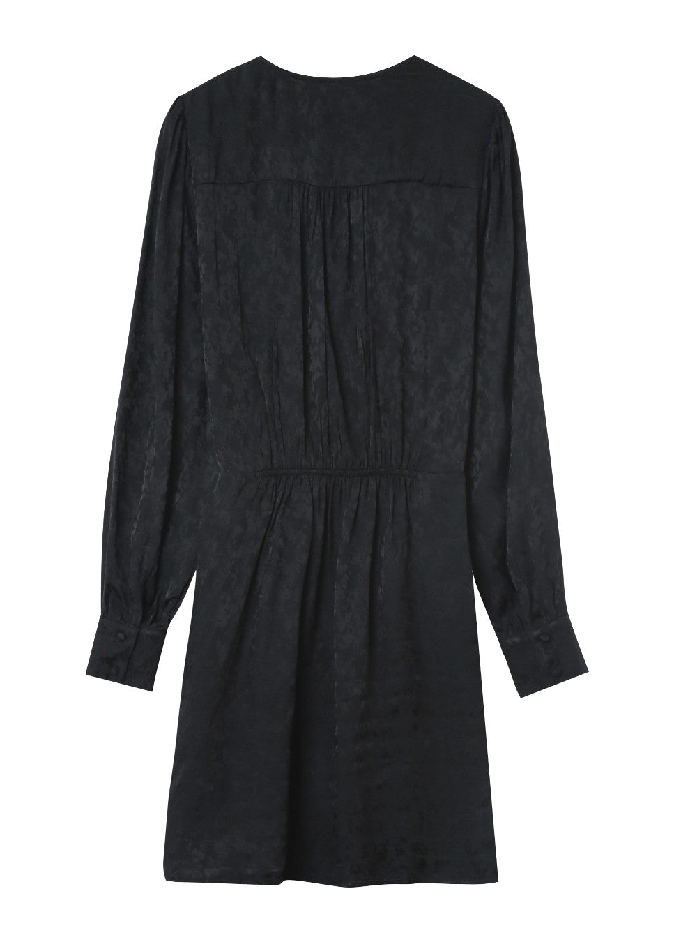 Ontdek de betoverende zwarte satijnen jacquardjurk Nuance van het merk Grace & Mila. Deze zwarte vrouwelijke wikkeljurk heeft een V-hals, lange pofmouwen en mooi knoopdetail in de taille. Gemaakt van luxe jacquardstof. Shop de nieuwe collectie dames jurken, zwarte jurken, wikkeljurken bij dameskleding Boetiek Aniek.