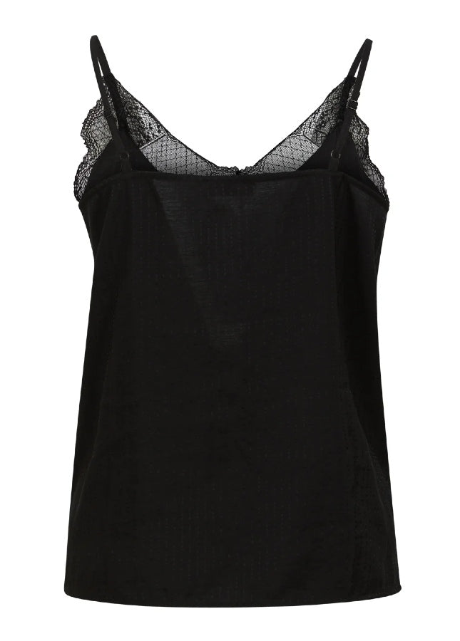 Zwarte kanten top Luna I Een essentiele basic in jouw garderobe, deze zwarte spaghettitop Luna met kant. De zwarte top met V-hals heeft vertelbare bandjes, kanten details bij de hals, kleine splitjes aan de zijkant. Shop de nieuwe collectie dames tops, kanten tops, hemdjes met kant, zwarte spaghettiband tops.