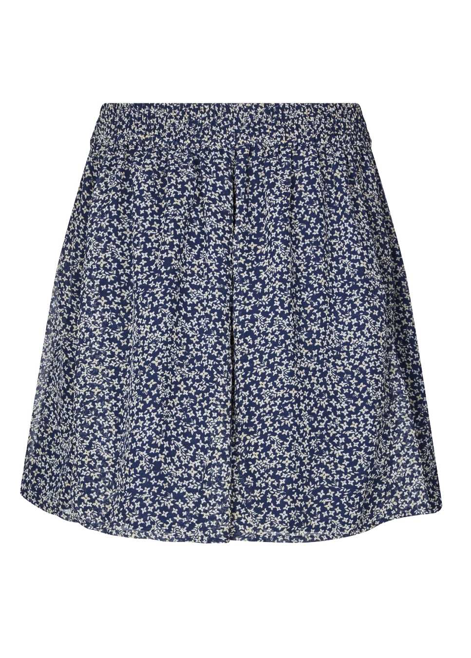Donkerblauwe korte print rok Ditte van het merk mbyM. De korte rok met bloemenprint heeft een elastische tailleband en donkerblauwe onderrok. Combineer de blauwe bloemenprint rok met de beige geweven mouwloze top van mbyM. Shop de nieuwe collectie mbyM rokken, korte rokken, bloemenprint rokken bij Boetiek Aniek