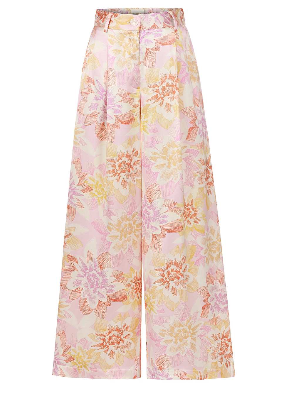 product foto voorkant van de FRNCH philo pantalon in bloemenprint roze satijn.