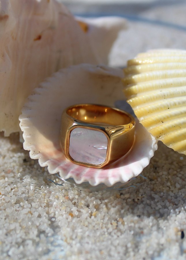 Gouden zegelring met parelmoer van het merk Rocky Rosa. De ring is gemaakt van chirurgisch staal, 18k verguld met speciale afdichting. Alle oorbellen van Rocky Rosa verkleuren niet, zijn waterdicht & hypoallergeen. Shop de nieuwe collectie sieraden, gouden ringen, gouden zegelringen, gouden ringen met zegel.